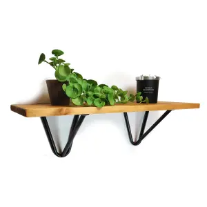 Solid Pine Rustical Shelf Light Oak Black Hairpin Bracket Style 20x90cm