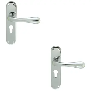 2 PACK - Rounded Flaired Latch & EURO Lock Door Handle - Polished Chrome Lever Backplate