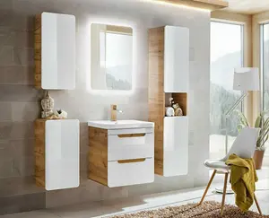 Tall Bathroom Cabinet Tallboy Wall Hung Slim Storage Unit White Gloss Oak Aruba