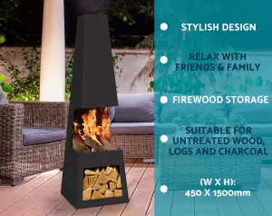 Dellonda Outdoor Chiminea Fireplace Fire Pit Heater Firewood Storage Black Steel