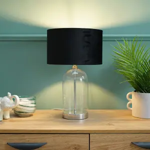 ValueLights Jessy Glass and Silver Chrome Metal Bedside Table Lamp with a Black Velvet Lampshade