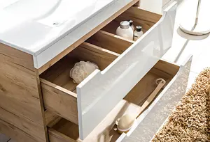 800 Vanity Unit Sink Wall Cabinet with Basin & Compact Drawers White Gloss Oak Arub