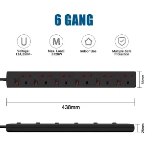 Extrastar 6 Way Socket 13A, 2M, Black, with Indicate Light, Individual Switch, Child-Resistant Sockets