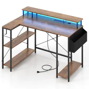 COSTWAY L-Shaped Gaming Desk with LED Lights 120 cm Computer Desk with Monitor Stand