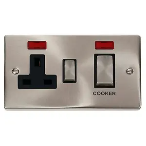 Satin / Brushed Chrome Cooker Control Ingot 45A With 13A Switched Plug Socket & 2 Neons - Black Trim - SE Home