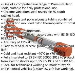 Professional Insulated Torque Wrench - 3/8" Drive with Calibration - 5 to 25 Nm Range