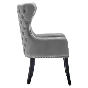 Grey Velvet Dining Chair Studded Design Accent Chair Kitchen Chair with Wooden Legs