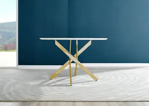 Furniturebox UK Novara White Gloss Gold Leg 120cm Round Dining Table & 4 Navy Velvet Milan Gold Leg Chairs