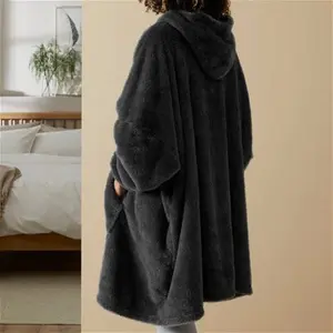 Teddy Bear Oversized Blanket Hoodie, Teddy Black, Fleece