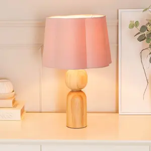 ValueLights Azalea Rustic Wooden Table Lamp with Blush Pink Velvet Scallop Shade