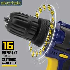 Skotek Cordless Drill Driver 18V/20V Li-Ion Electric Screwdriver Included Drill Bit Set LED Light Charger & 2 Batteries