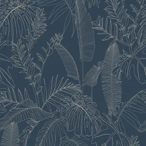 Grandeco Galapalos Sketch Leaf Sprig Foliage Blown Vinyl Wallpaper, Navy