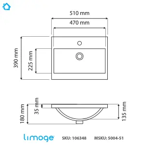 5004 Ceramic 50cm x 40cm Mid-Edge Inset Basin with Dipped Bowl