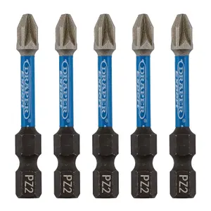 Draper Expert PZ-Type Impact Screwdriver Bits, No.2 x 50mm, 1/4" Hex (Pack of 5) 05647