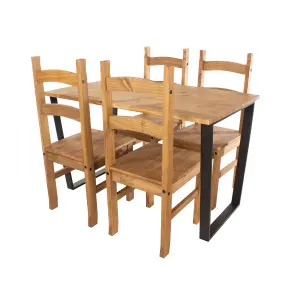 Core Products Texas Antique Waxed Pine 150cm long Dining Table with 4 Black Pine Chairs