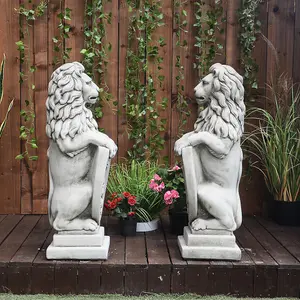 Pair of Large Garden Gateway Lion Statues with shields