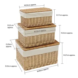 JVL Hand Woven Acacia Set of 3 Rectangular Willow Hampers with Lid, Honey Finish