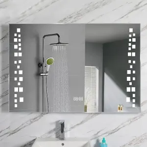 LED Illuminated Anti Fog Sensor Bathroom Mirror with Shaver Socket and Digital Clock