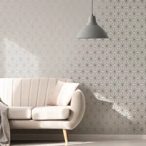 GoodHome Tattenhall Grey Metallic effect Geometric Textured Wallpaper