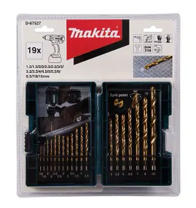 Makita 19 Piece HSS TiN Metal Steel Drill Bit Set Titanium 1-10mm Bits + Case