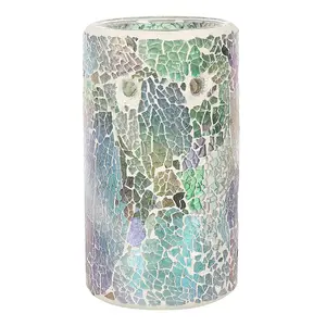 Blue Iridescent Glass Pillar Shaped Oil, Wax Melt Burner. Mirrored Crackle Effect. H14.5 cm