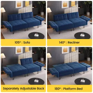 Yaheetech 2 Seater Velvet Convertible Sofa Bed with 4 Pillows - Blue