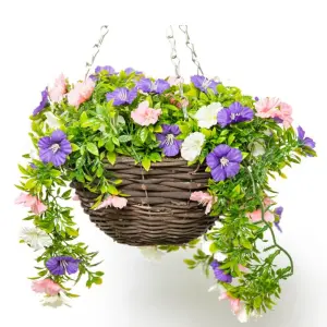 Artificial Petunia Flowers Rattan Hanging Basket Decoration Pink Purple & White 25cm