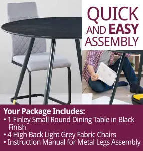 Hallowood Furniture Finley Small Round Dining Table in Black Finish with 4 High Back Light Grey Fabric Chairs