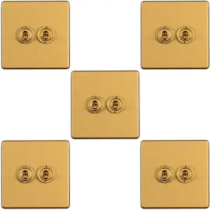 5 PACK 2 Gang Double Retro Toggle Light Switch SCREWLESS SATIN BRASS 10A 2 Way