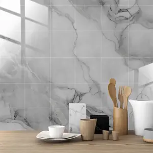 Glossy Marble Tile Stickers Thick Backsplash 24pcs 15cm(6") -Fossil Grey