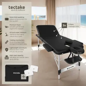 Massage Table Ko Tao - 3 zones, 78cm wide, aluminium frame, folding, carry bag - black