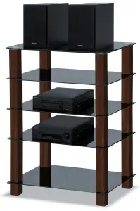 Centurion Supports TRINITY Black 5 Shelf with Walnut Legs Flat Screen TV Rack Glass Stand