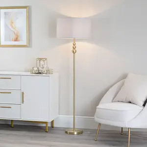 ValueLights Marissa Gold Stacked Ball Floor Lamp with Grey Drum Shade