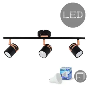 ValueLights Garcia 3 Way Black Ceiling Bar Spotlight and GU10 Spotlight LED 5W Warm White 3000K Bulbs