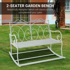 Outsunny 2 Seater Metal Garden Bench Outdoor Rocking Chair Patio White Love Seat