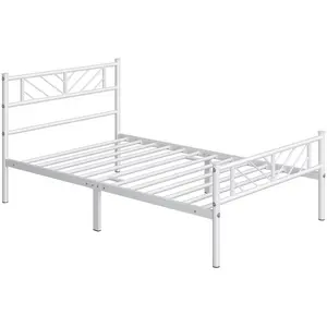 Minimalist Metal Slatted Bed Platform with Arrow Design Headboard White / Single (3')