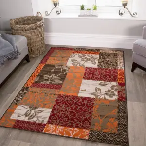 Red Terracotta Brown Floral Patchwork Living Room Rug 120x170cm