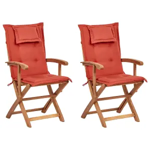 Set of 2 Garden Chairs with Cushions MAUI II Acacia Wood Dark Red