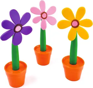 3 x Flower Shaped Pens with Pot Stands - Novelty Home Office Desktop Accessories in Pink, Yellow & Purple - 18 x 7.5 x 3.5cm