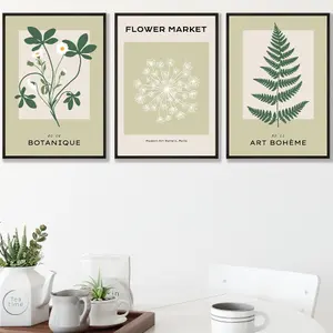 Set of 3 Framed Vintage Graphical Green Botanical / 30x42cm (A3) / Black