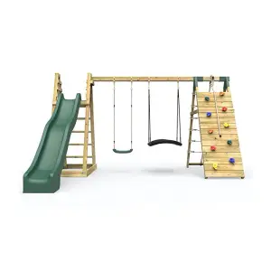 Rebo Wooden Pyramid Climbing Frame with Swings and 8.7ft Water Slide - Horseshoe