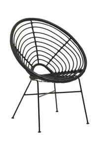 Interiors by Premier Natural Rattan Black Round Chair with Black Metal Legs, Rattan Dining Chair, Robust Rattan Lounge Chair