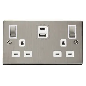 Stainless Steel 2 Gang 13A DP Ingot Type A & C USB Twin Double Switched Plug Socket - White Trim - SE Home