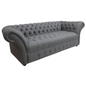 Chesterfield 3 Seater Buttoned Seat Grampian Steel Grey Fabric Sofa In Balmoral Style