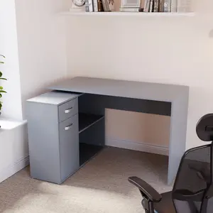 Vida Designs Longton Grey Adjustable L-Shaped Computer Desk with Shelves, Drawer and Door