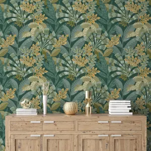 Crown Asha Leaves Green Wallpaper M1737