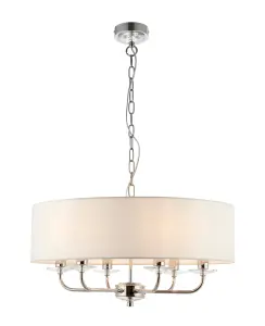 Anson Lighting Eureka 6lt Pendant light finished in Bright nickel plate and vintage white fabric