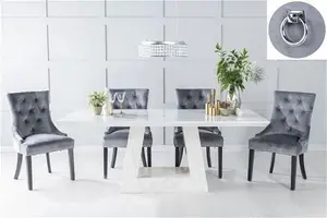 Milan White Marble Dining Set - Grey Fabric Knocker Back Chairs