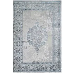 Blue Grey Traditional Medallion Bordered Living Area Rug 120x170cm