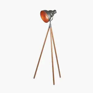 Grey Metal and Natural Wood Tripod Floor Film Light